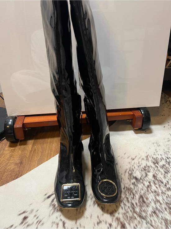 Tory Burch Shoes - Tory Burch Patent Black Knee-High Boots with Logo Medallions